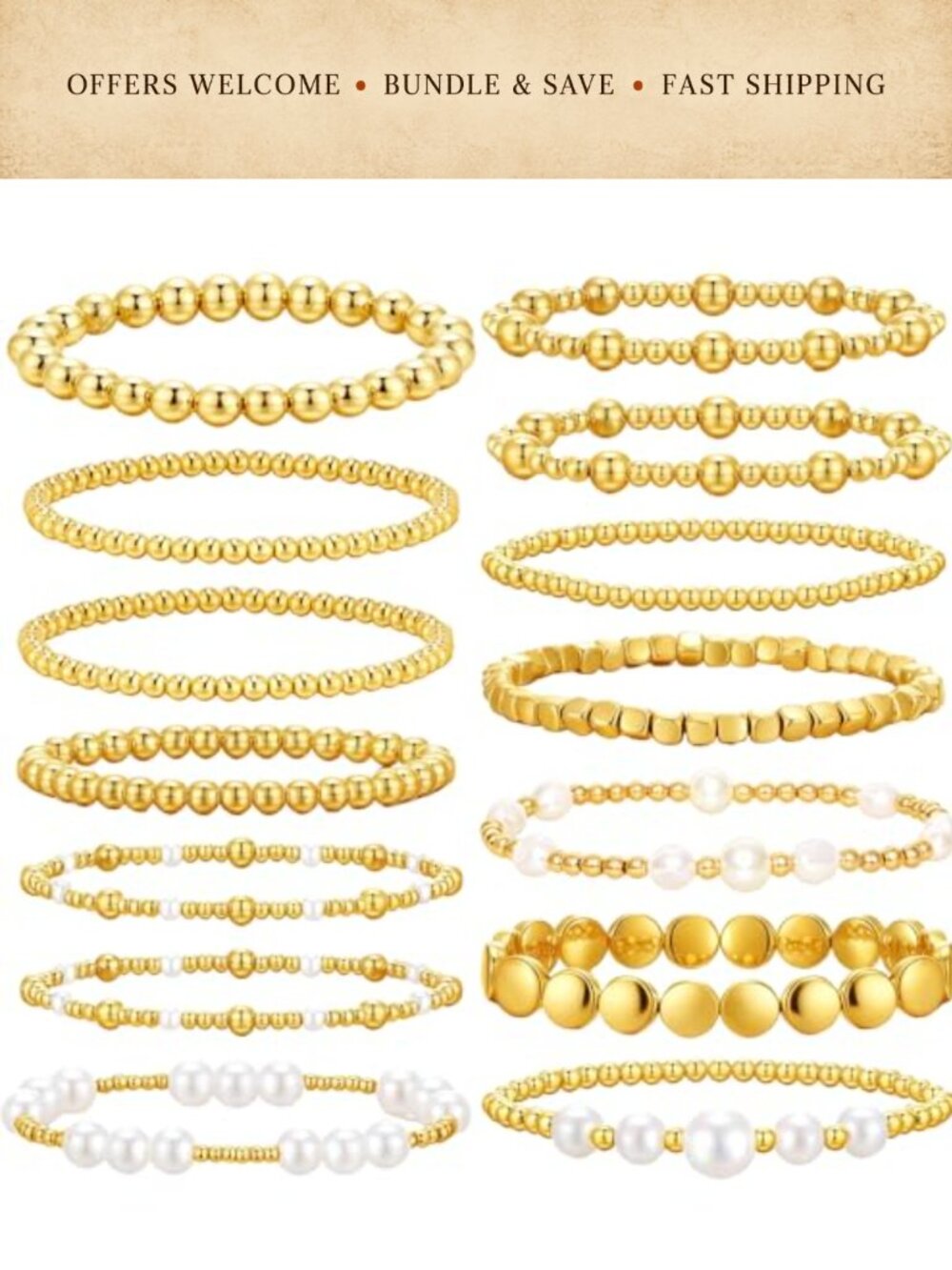 14Pcs Gold Bead Pearl Bracelet Set Stackable Elastic Alloy Women's Jewelry Gift